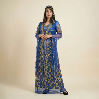خرید لباس محلی کردی آبی طلایی زنانه – مزون دنیام